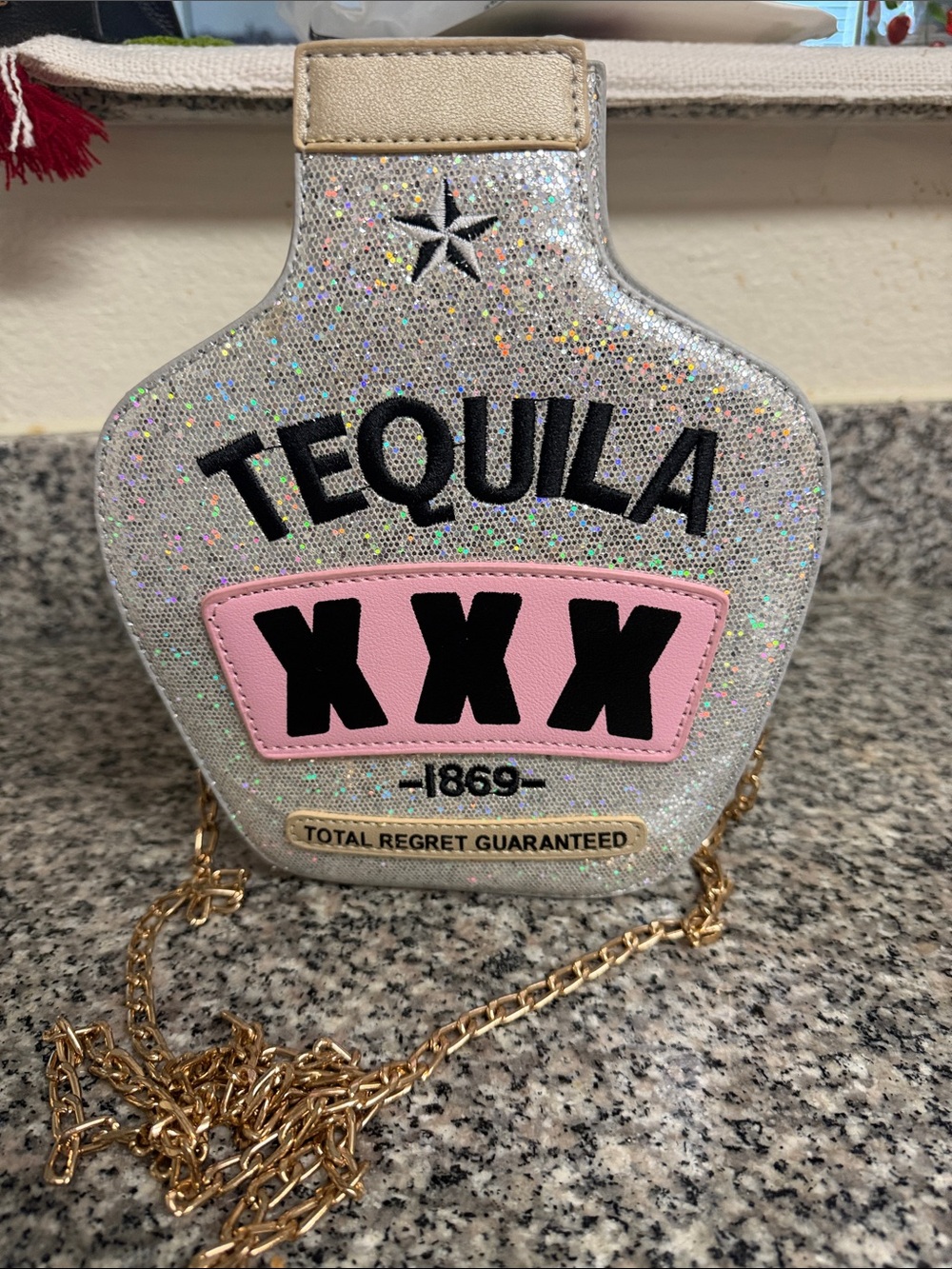 Novelty Tequila Bottle Crossbody Bag - Silver Glitter, Pink & Black Accents